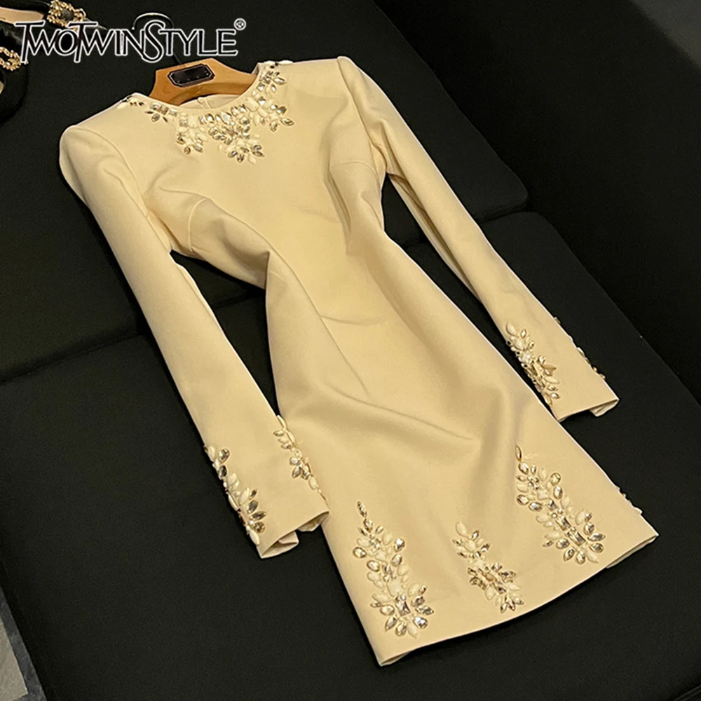 

TWOTWINSTYLE Solid Elegant Slimming Dresses For Women Round Neck Long Sleeve High Waist Temperament Dress Female New KDR512713