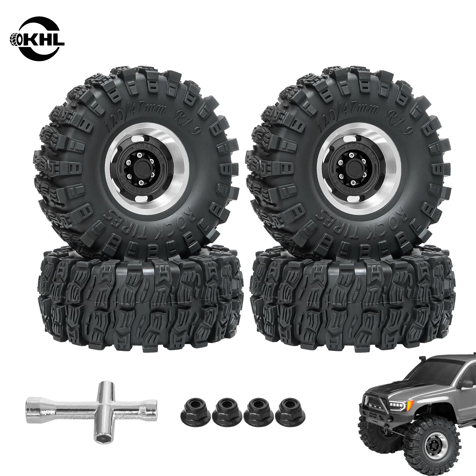 OKHL 4PCS 1.9 Inch 120x47mm Tires Metal Beadlock Wheels 12mm Hex for 1/10 Axial SCX10 TRX4 D90 Redcat Gen8 Crawler Black