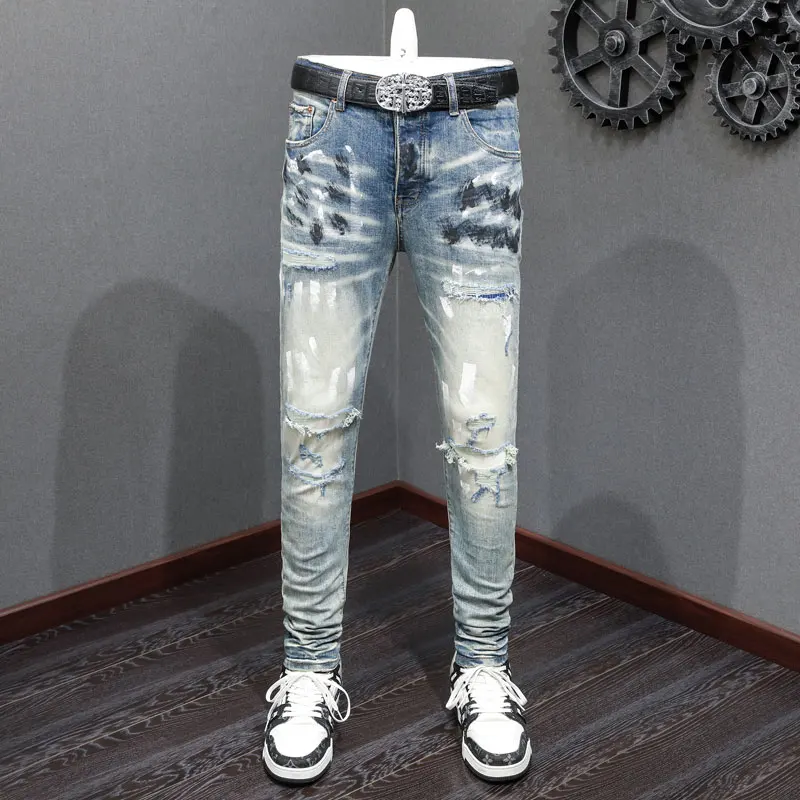 Fashionable new men's jeans stretch slim fit painted wash blue high street hip-hop brand pants hombre