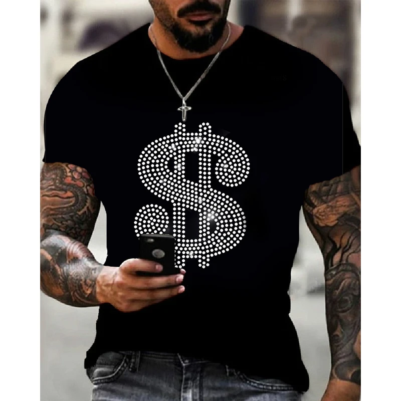 New Mens Quality Fashion T-Shirts Casual Hip Hop Short Sleeve Skull Hot Drill Men Clothing Tee Tops O-Neck Rhinestone Tshirt Y2K