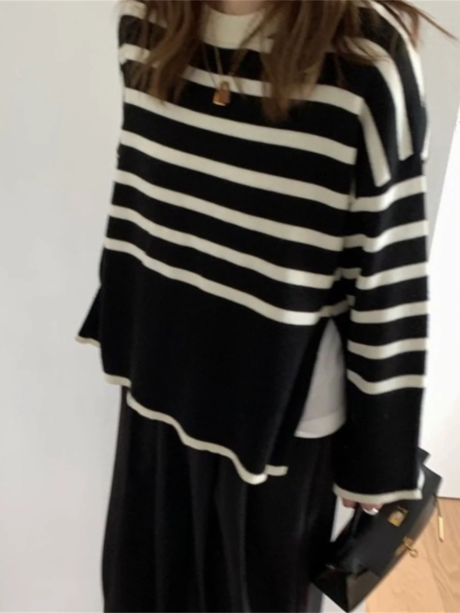 

Thiened Knitted Sweater round Ne Pullover Aosphere Color Blo Stripes Texture Boting Effect Long Sve Color