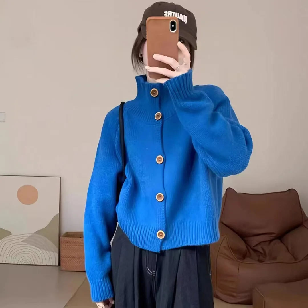 

Women's Loose Turtleneck Knit Cardigan Retro Korean Style Spring Autumn Casual Sweater Soft Warm Innerwear Fashion Outerwear