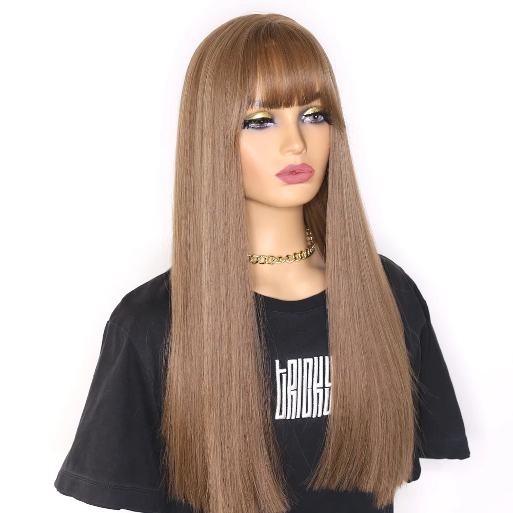 Sivir Synthetic Wigs for Women 18inch Long Straight  with Bangs Hair Honey Color Natural Headline Heat Resistant   Daily/Cosplay