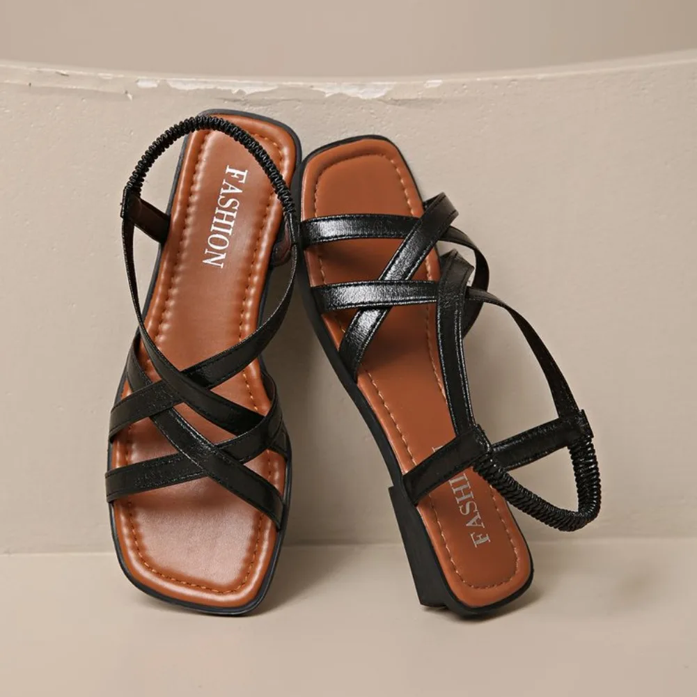 Große Größe Modische Römische Kreuzriemen-Sandalen mit Flachem Boden Damen-Strandsandalen mit Elastischem Band Bequeme Damensandalen – Detail 17