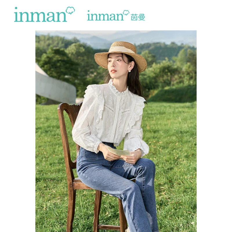 

INMAN Women Blouse 2023 Autumn Long Sleeve O Neck Loose Shirt Exquisite Hollowed Out Embroidery 100% Cotton Elegant Tops