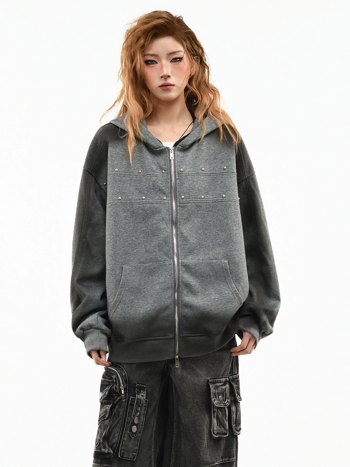 

OV Original American Rivet Design Dyed Waed Hoodie Women Spring Loose Fce Zipper Open Cardigan Jaet Men Cotton Fabric