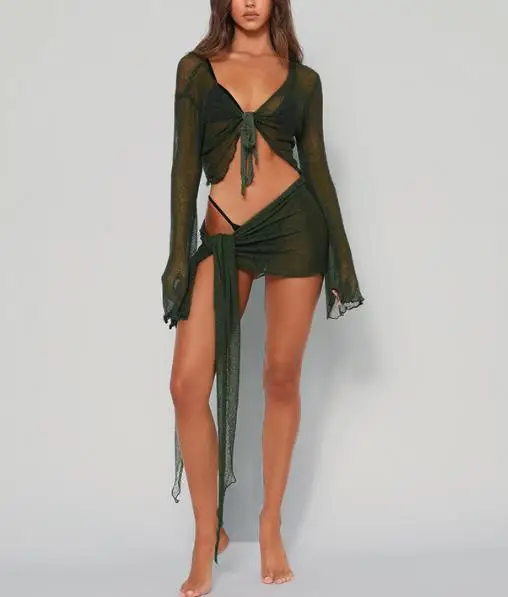 

2026 Summer New 2 Piece Sets Outfits Women's Micro Transparent Strap Mesh Long Sleeve Chest Wrapping Top Casual Half Skirt Set