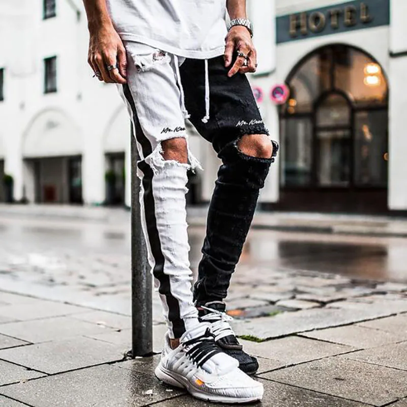 

Jean Homme Mens Black White Patchwork Jeans Y2K Autumn New Foot Zip Up Ripped Hip Hop Vintage Skinny Denim Pants Pantalon Cargo