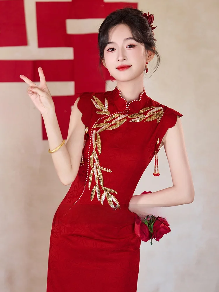 

Stunning Red Young Sle Wedding Dr Evening Gown Fem Model Parwear Vintage Long Svel Pure Color