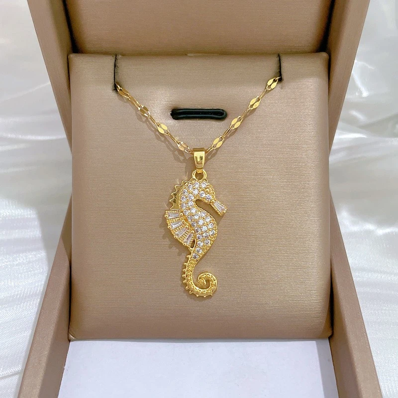 

Minimalist Seahorse Animal Pendant Necklace for Women Full Zircon Titanium Steel Anti-tarnish Gold Color Jewelry Accessories