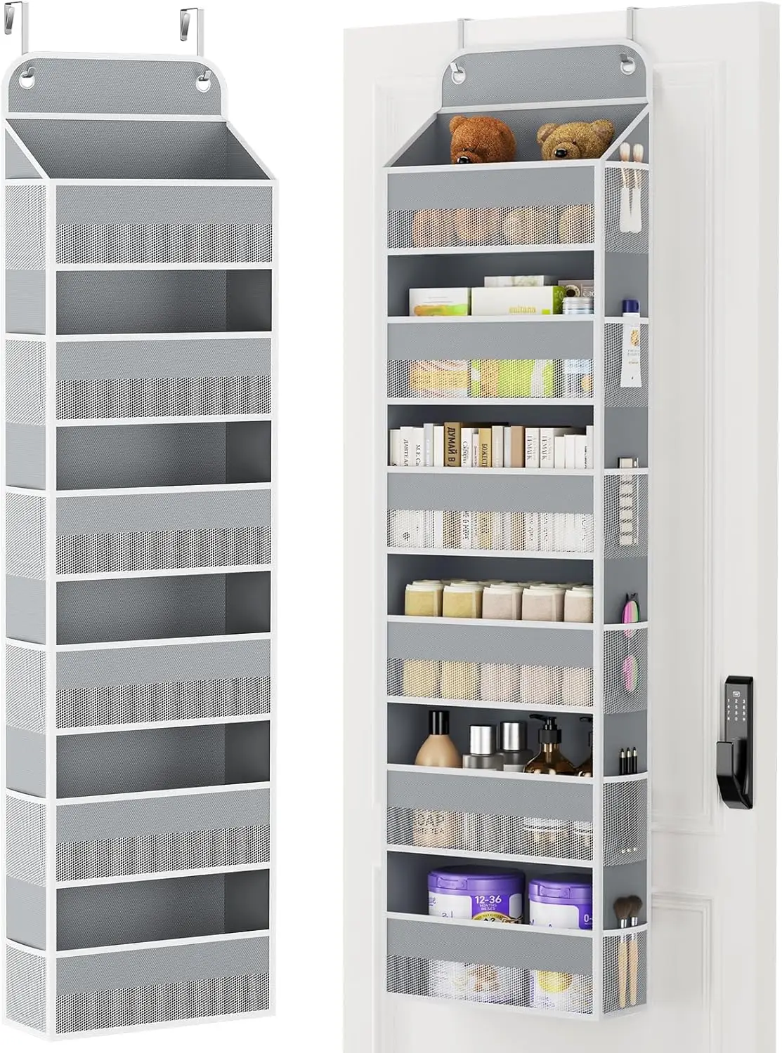 

Over Door Organizer, 60 lbs Load Capacity, Metal Hanging Storage with 6 Shelves for Bathroom, Dorm Room, Grey
