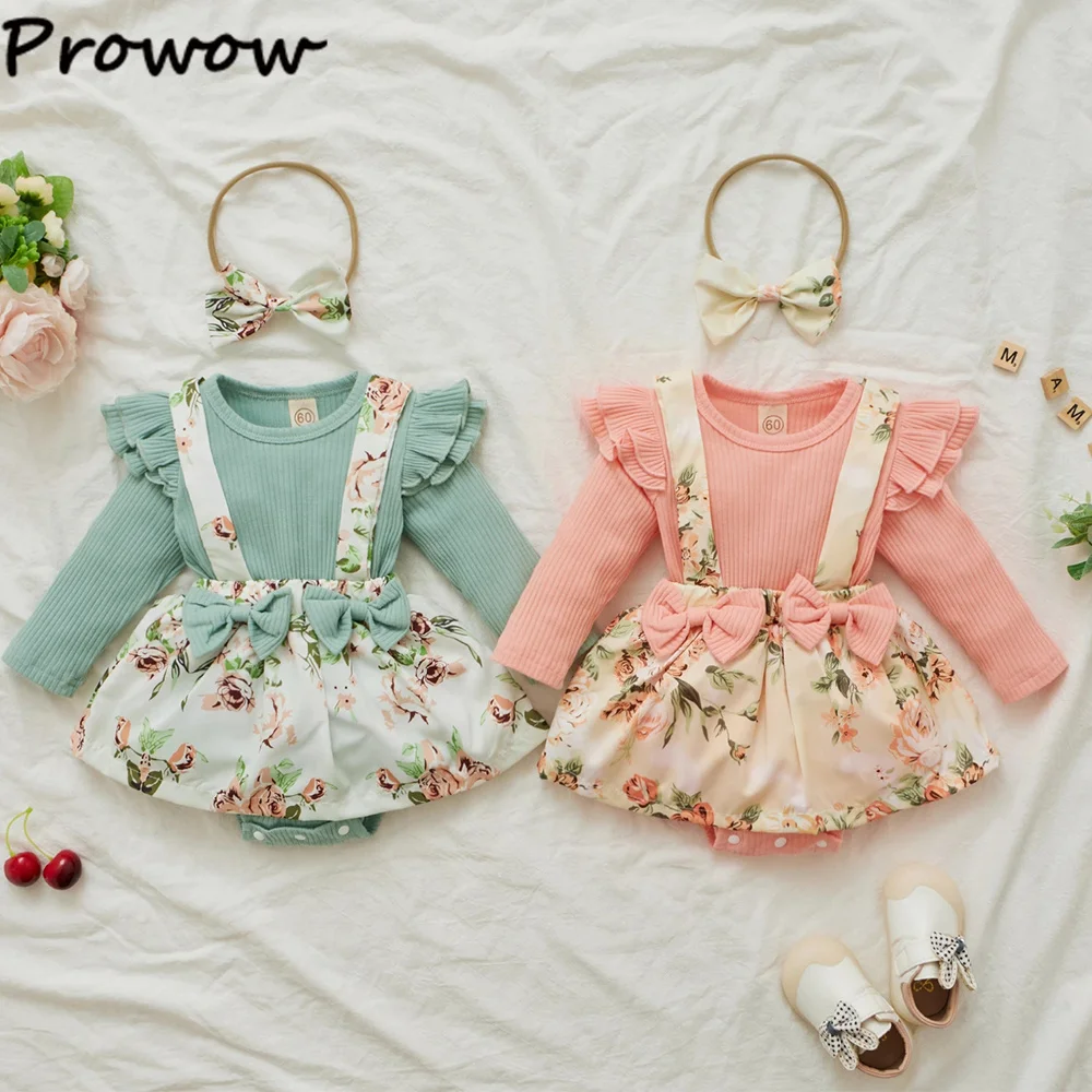 

Prowow комплекты из 2 предметов, боди для маленьких девочек, комбинезоны + повязка на голову с оборками на рукавах, розовый комбинезон с цветочным принтом для младенцев, одежда для маленьких девочек 2025