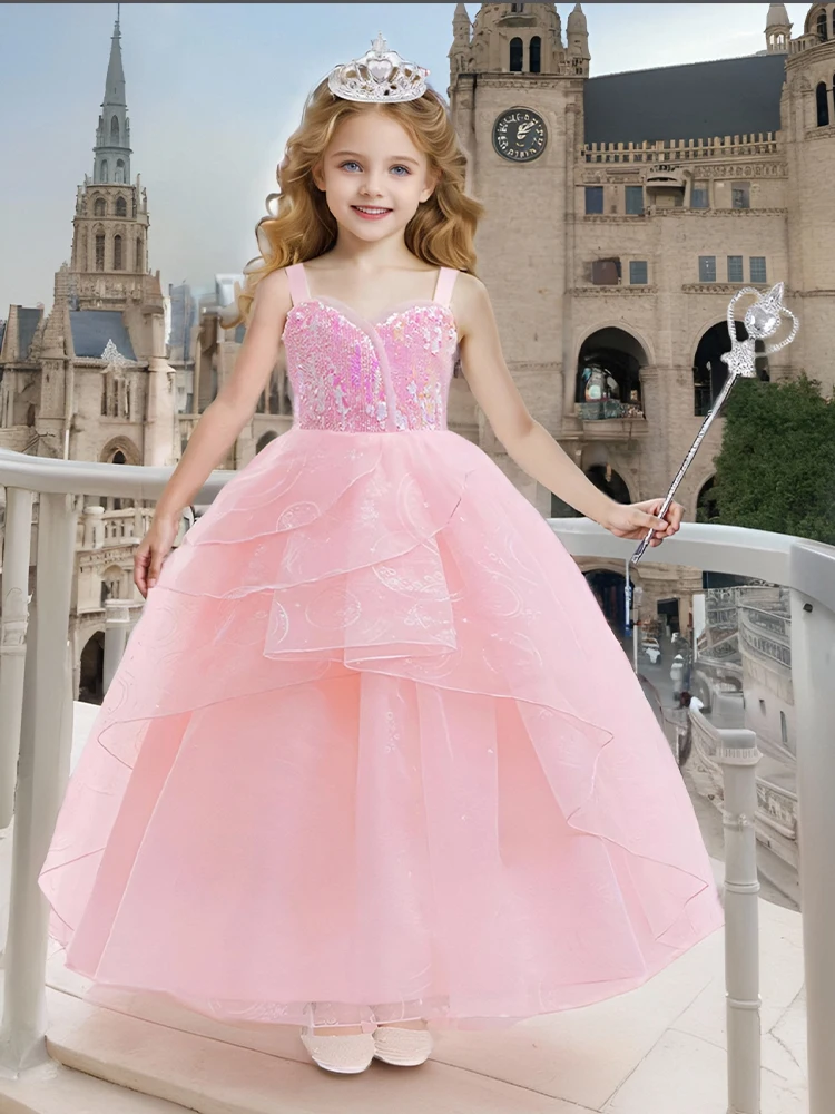 Tulle Girls Sequin Pink Dress Halter Sleeveless Children Dream Princess Dress Movie New WIcked Role-play Costume Girls Gown