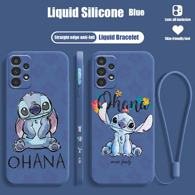 Disney Stitch Flowers per Samsung A73 A72 A54 A53 A52 A42 A34 A33 A32 A23 A22 A14 A13 A12 custodia per telefono con corda sinistra liquida