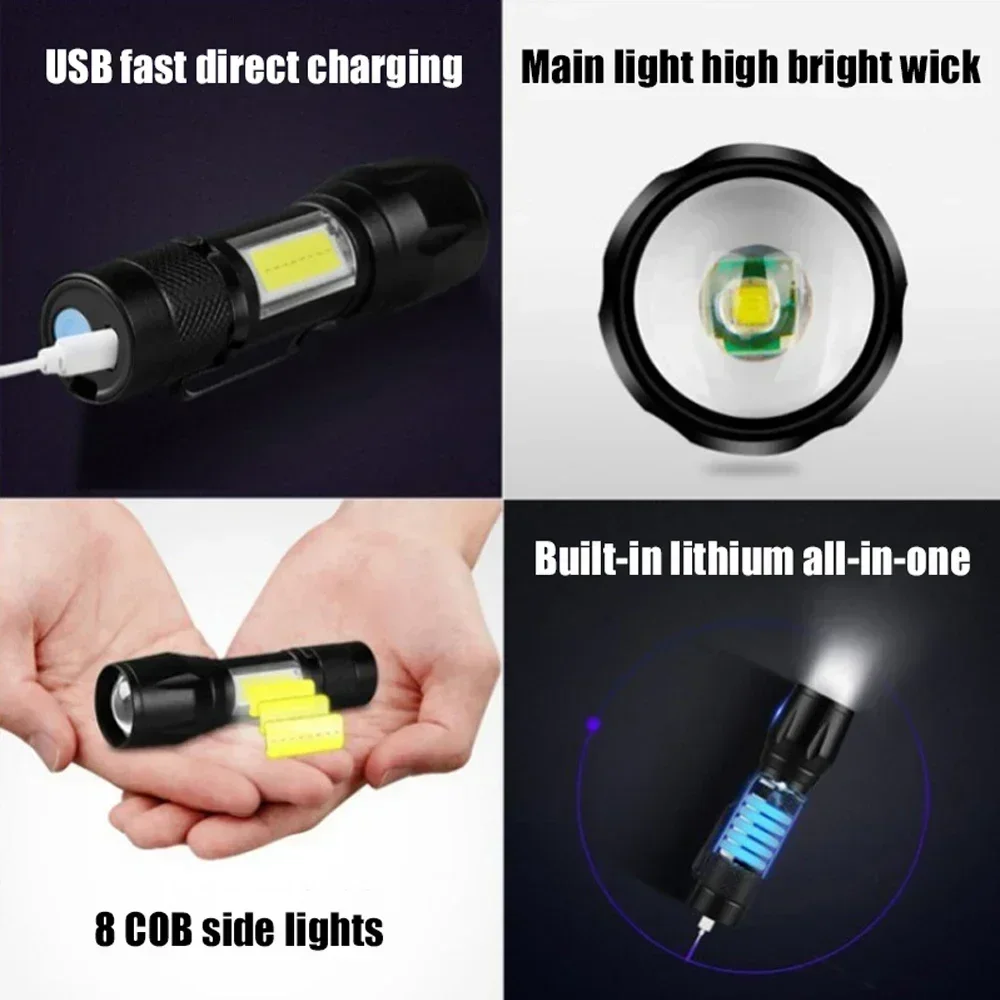 1-20PCS Mini Flashlight  COB+XPE Portable Torch With Clip Zoomable Light USB Rechargeable Flashlight Camping Emergency Lantern