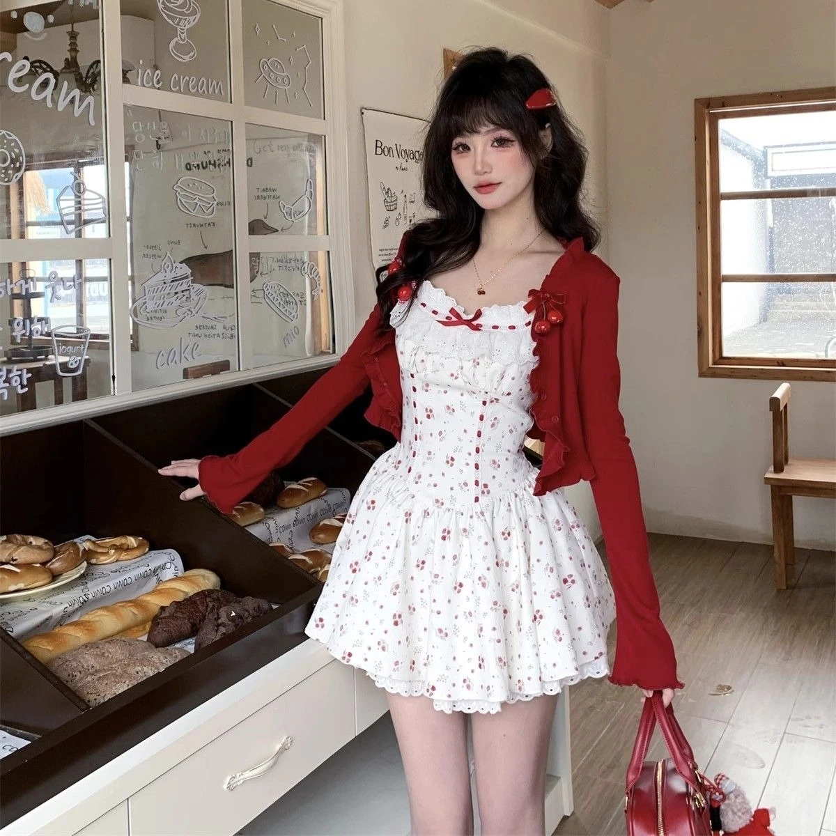 Y2k Japanese Two Piece Dress Woman Red Short Cardigan Lolita Floral Y2k Mini Dress Women New Fashion Sets