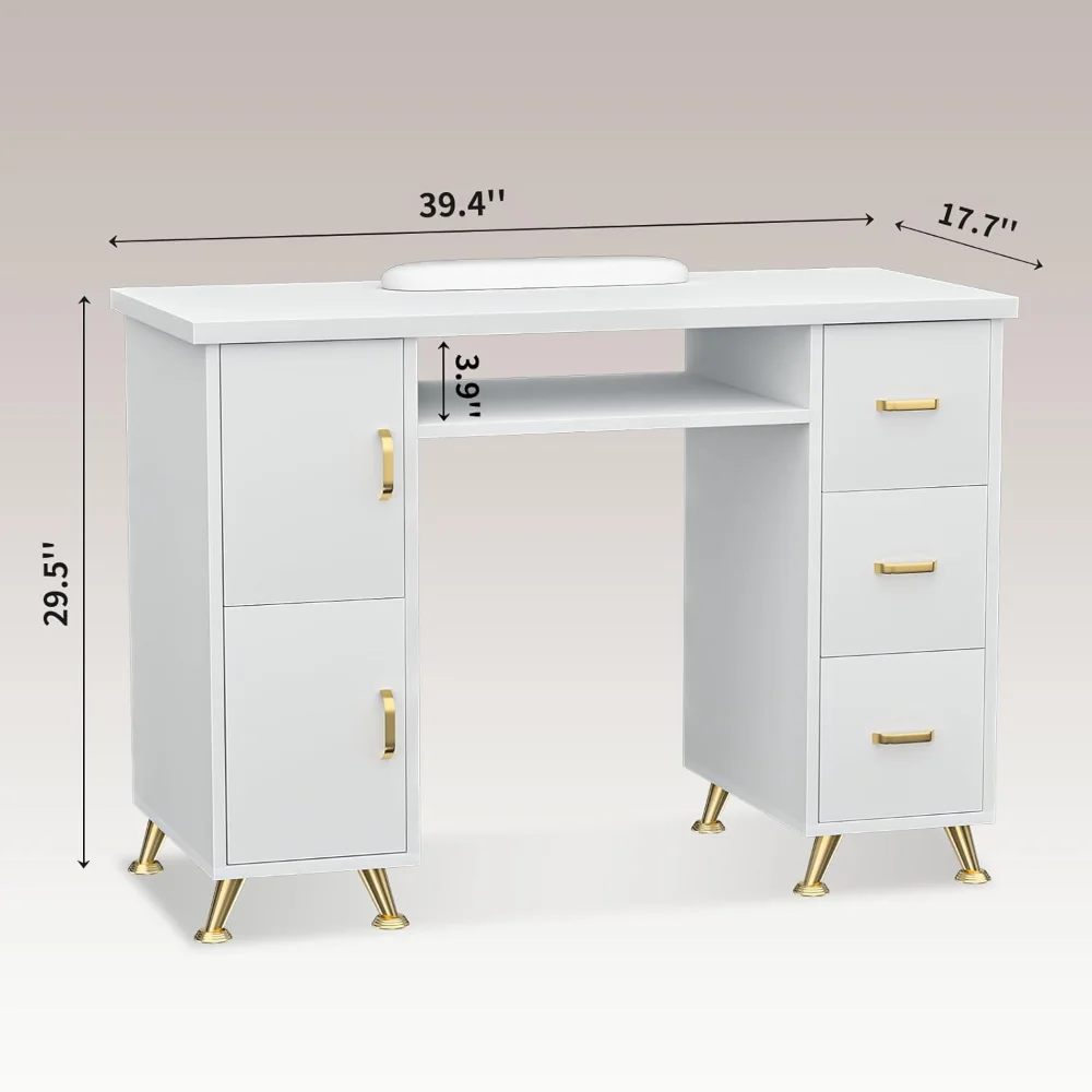 

Manicure Table Nail Desk, Fixed Leg Salon Beauty Workstation with Gold Accents, 3 Drawers & 2 Cabinets