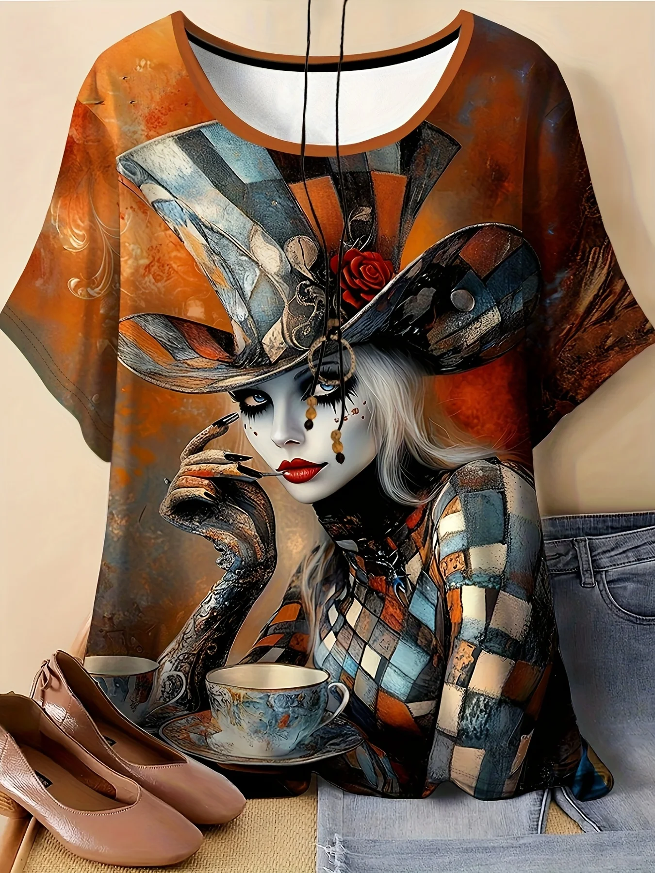 Women Orange Crewneck T-shirt Vintage Mad Hatter Lady Tea Cup Art Print Casual Short Sleeve Fashion Tops