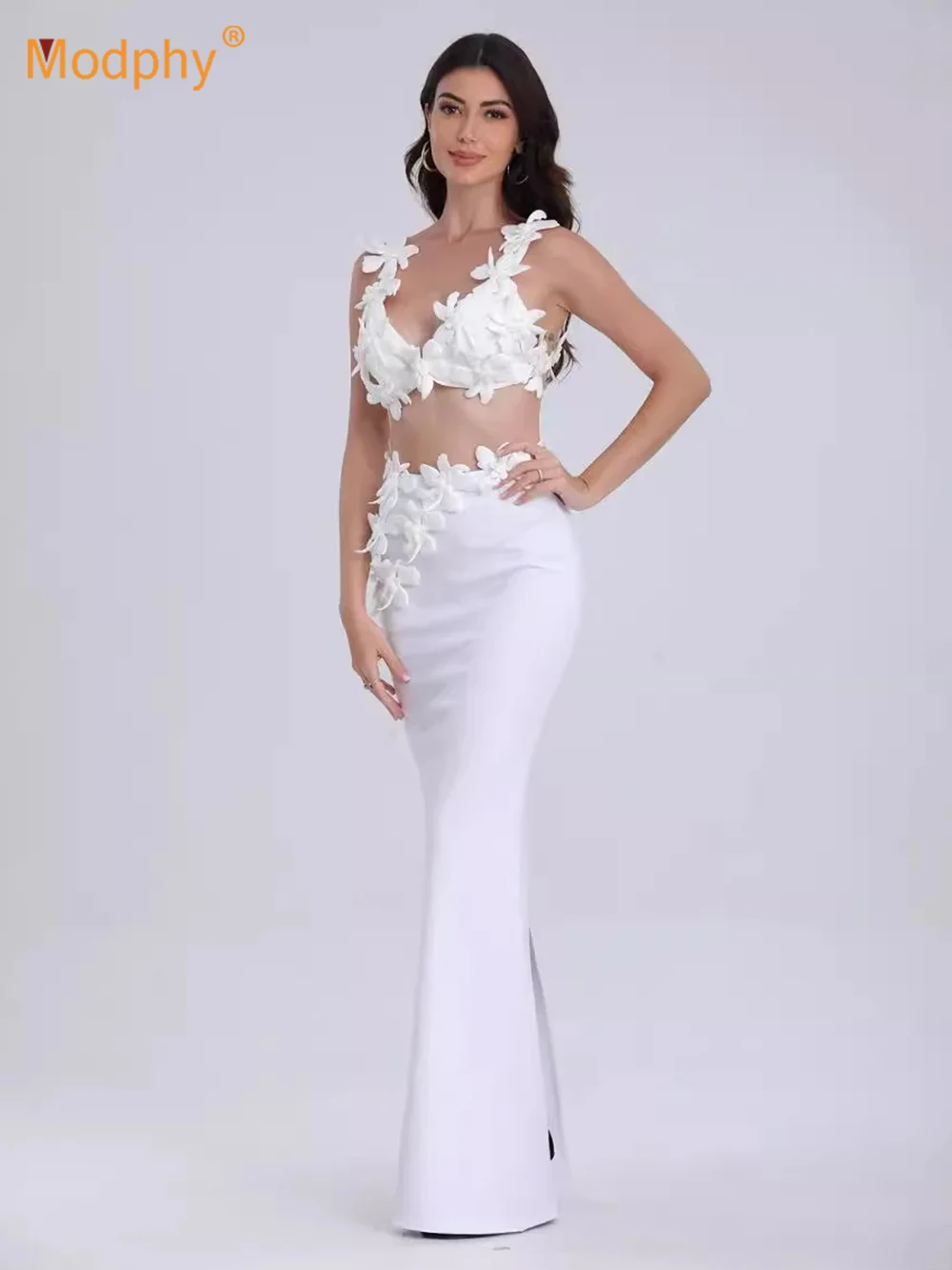 Modphy 2025 New Arrival White 3D Flowers Appliques Crop Top & Long Skirt Two-Piece Set Fashion Evening Party Gowns Vestidos