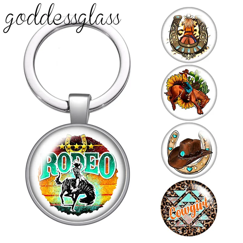 New Cowboy Rodeo CowGirl horseshoe Horse glass cabochon keychain Bag Car key chain Ring Holder Charms keychains gift