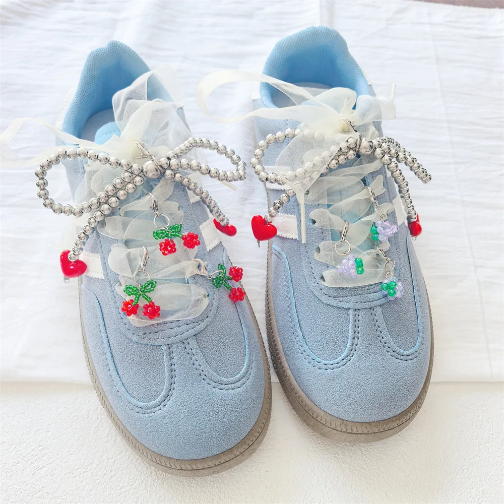 Shoe Charms Korean Ballet Style Heart Silver Pearl Bow Cherry Strawberry Grape Beaded Sneakers Buckle Decoration