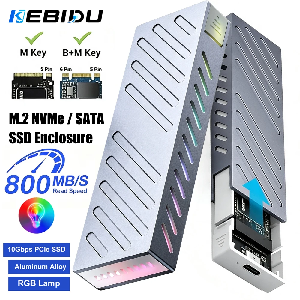 KEBIDU RGB Aluminum M.2 NVMe SATA SSD Enclosure 10Gbps USB3.1 Type‑C for M B&M Key External Hard Drive Box Dual Protocol Case