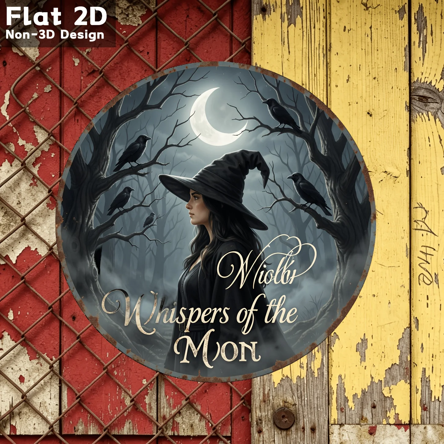 Decorative Sign And Plaque 2D Flat Witch Moon Forest Wooden Decorative Board, Retro Dark Tale Style, Suitable for Home Decor, Th