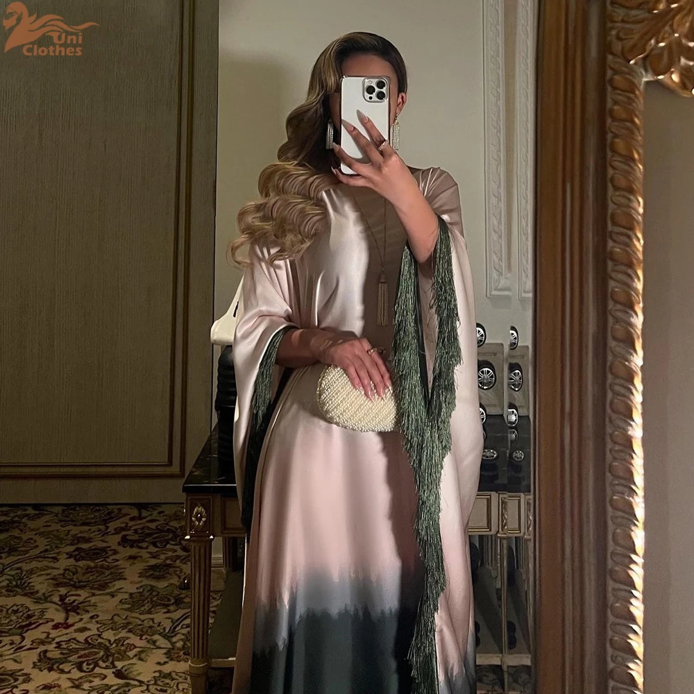 Uni Tassel Gradient Dubai Muslim Abaya For Woman O-Neck Elegant Casual Loose Moroccan Saudi Kebaya Fashion Party Dress 2024