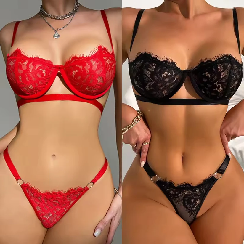 

Lace Transparent Lingerie For Women’s Bra Set Fashion Sexy Women's Underwear Floral Exotic Sheer Half Cup Bra Panty Lingerie Set