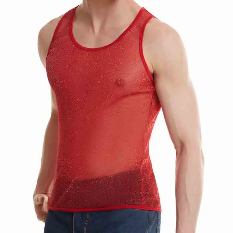 Red XL Sexy Men Tank Tops Transparent Sleepwear See Through Nightwear Tops Tees Sexy Underwear Sleeveless Male Blue Vest Mesh