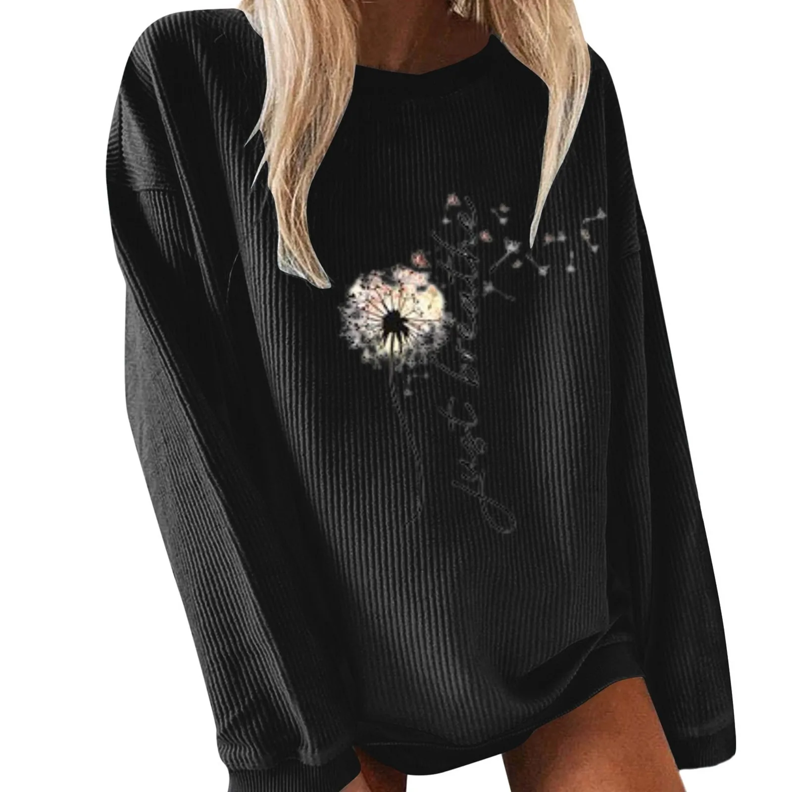 

Women Ribbed Dandelion Print Hoodie Y2k Round Neck Long Sleeve Loose Pullover Autumn Winter Harajuku Oversized Sports Sweatshirt