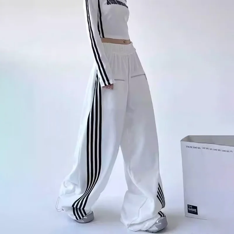 2024 Ropa Y2K Streetwear Striped Patchwork Elastic Waist Baggy New Pants For Women Wide leg Drawstring Sweatpants Lady Trousers