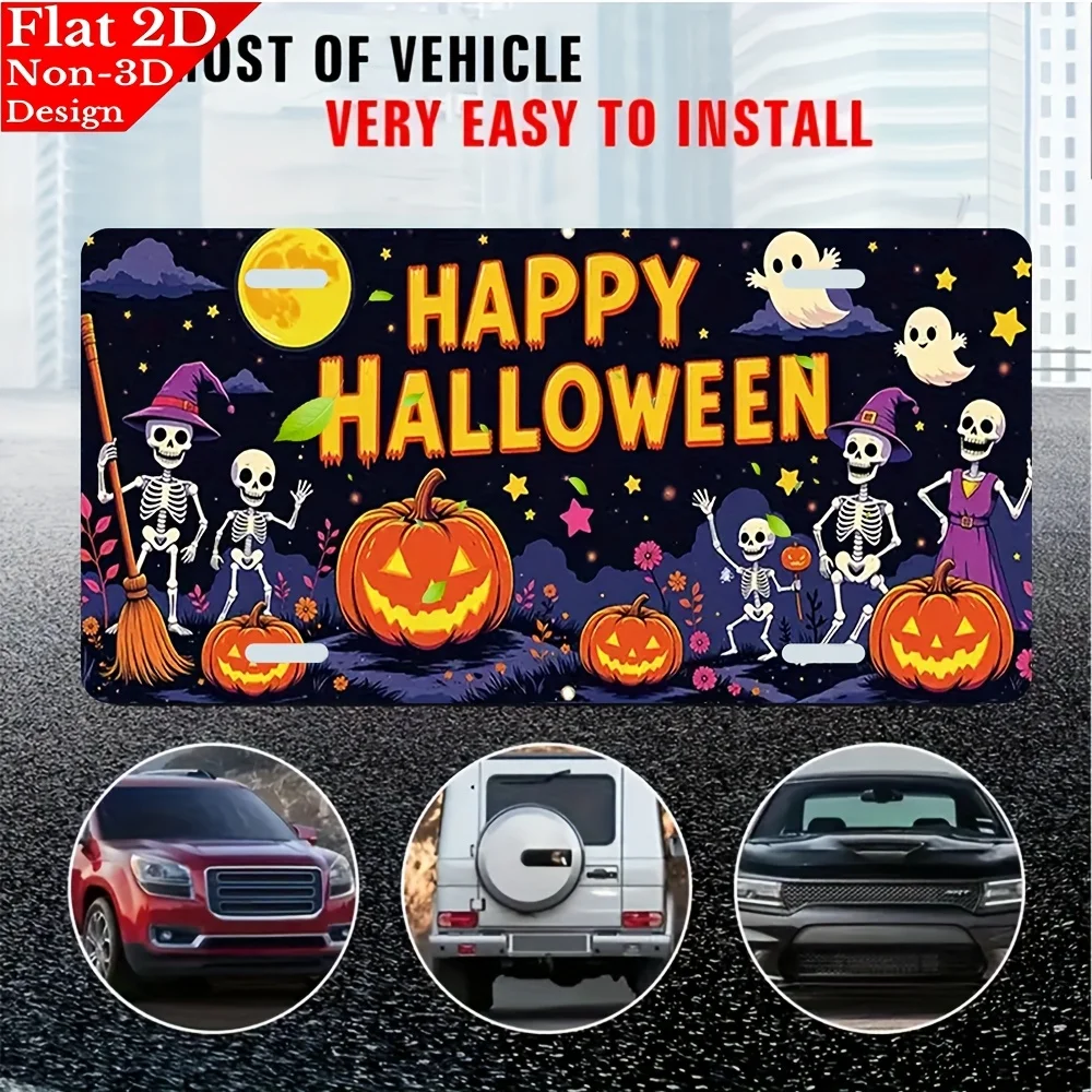 2D Flat - [Open ]2D Flat, 2D Plane - Plane 2D License Plate, Featuring Halloween Skulls, Pumpkins And Ghosts, Measuring 15.24X30