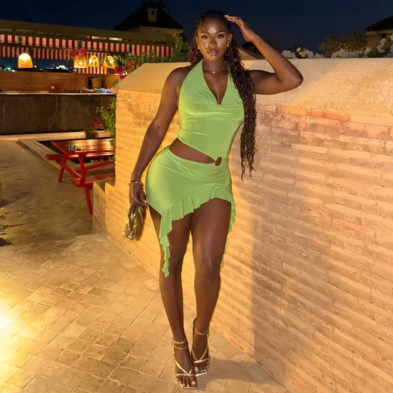 Vestido elegante con volantes recortados para mujer, minivestido asimétrico Hipster con cuello Halter y espalda descubierta para fiesta y discoteca, verano 2025