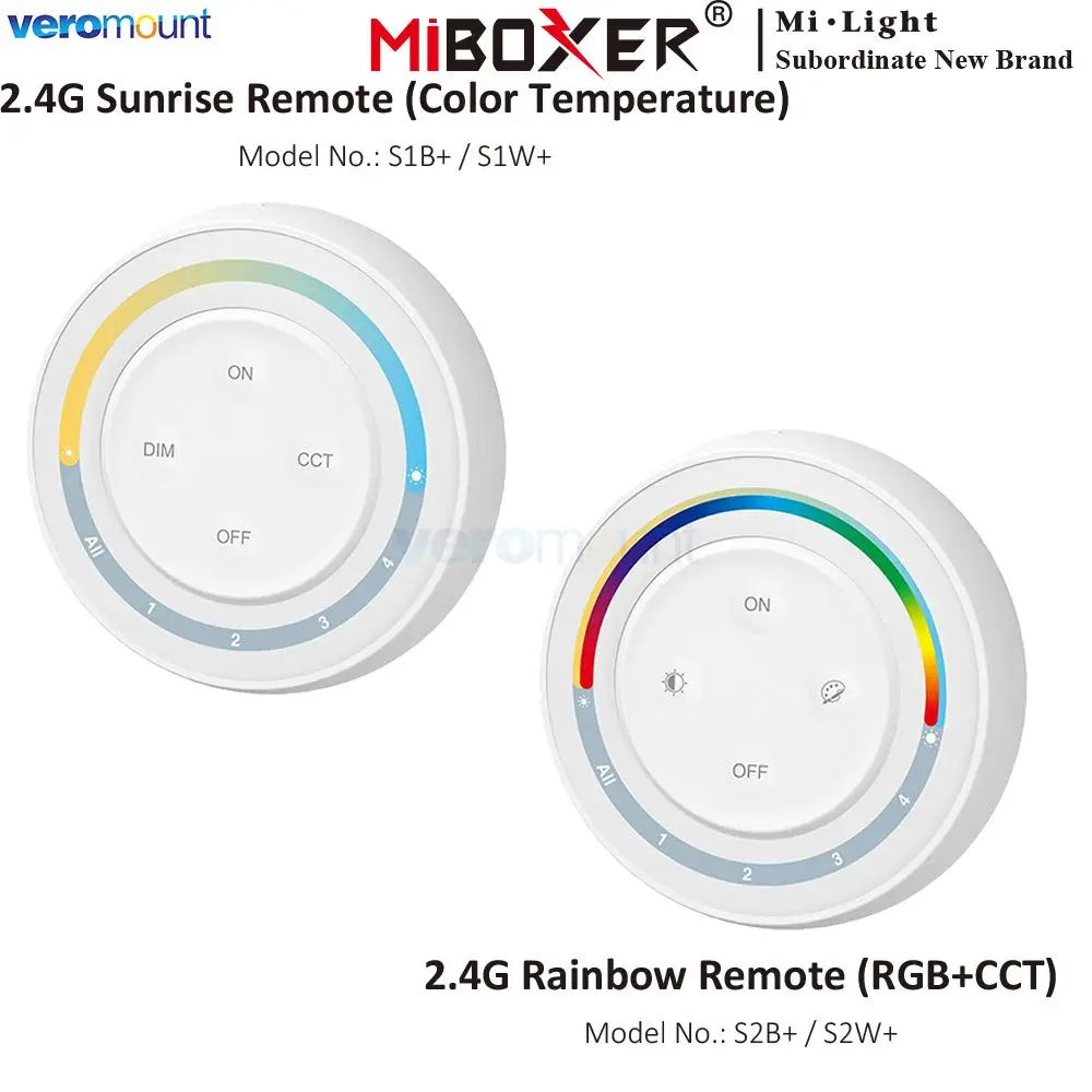 MiBoxer Interruttore telecomando arcobaleno a 4 zone S1W + Temperatura colore S2W + RGB + CCT per controller luce lampadina serie 2.4G