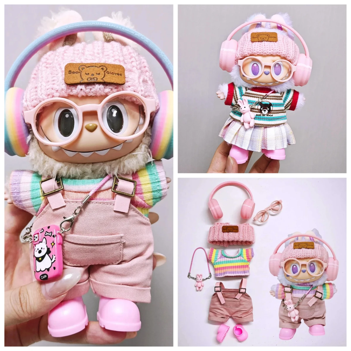 

Pink Overalls Rainbow T-shirt set For 17cm Labubu 3.0 Big Into Energy Series Doll Clothes for Ropa Labubu Clothing Accessories