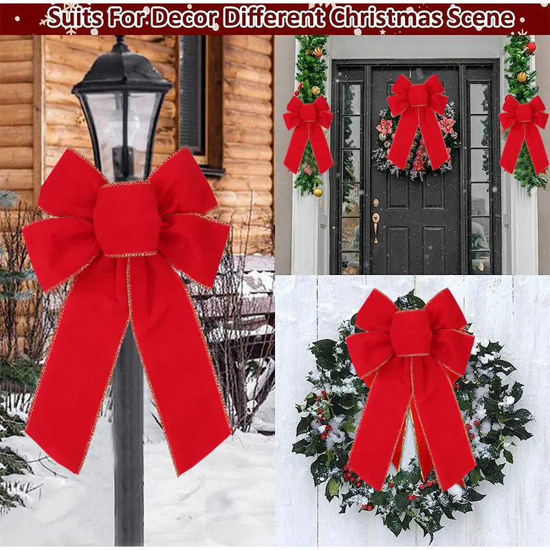 Christmas Red Bows Outdoor Decorations Large Christmas Tree Top Bow Velvet Wreath With Glitter Gold Edge Front Door Decoration