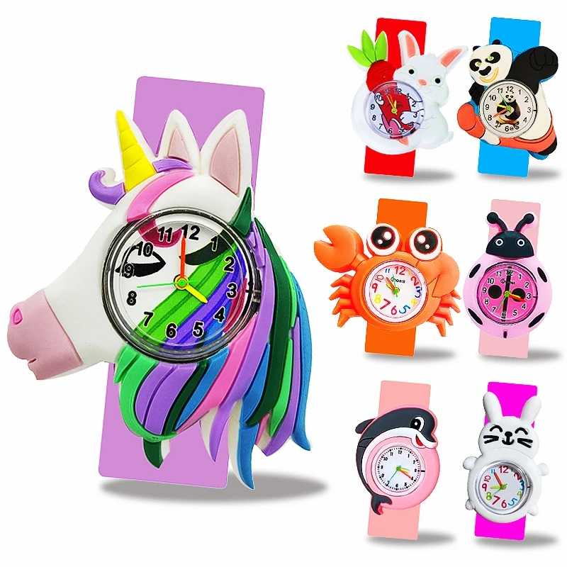 Lovely Baby Toy Cartoon Animals Boys Girls Students Clock Unicorn Birthday Party Christmas Gift Kids Study Time Slap Watches