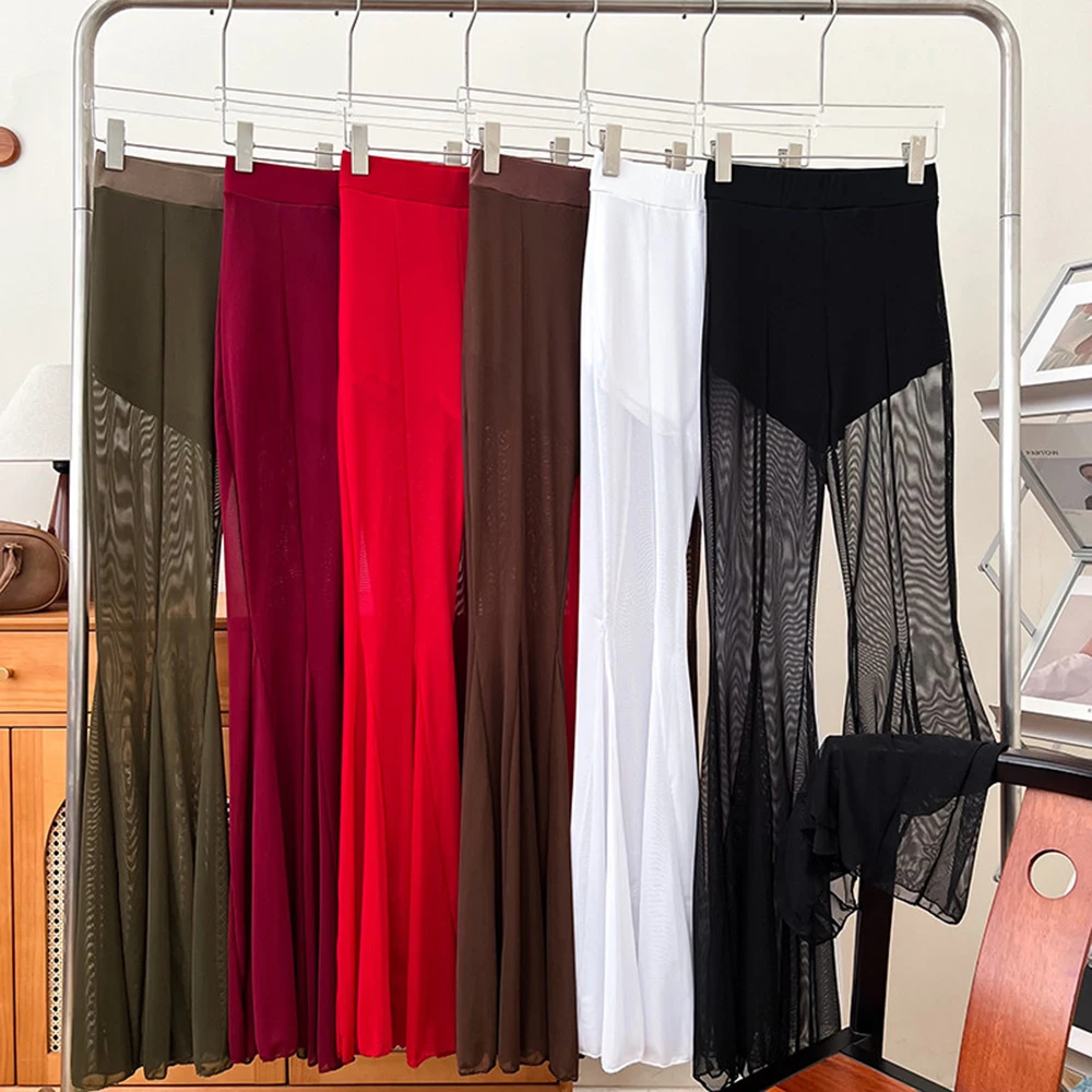 Long Transparent Flare Pants Women's 2026 Spring Summer Casual Loose Fit Elastic Waist Black Fashion Elegant Wide Leg Trousers
