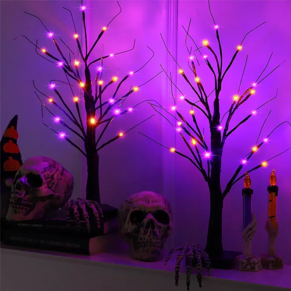 60CM Orange Purple Halloween Adjustable Birch Tree 24 LED Light Battery Operated Table Lamp Indoor Home Party Halloween Decor