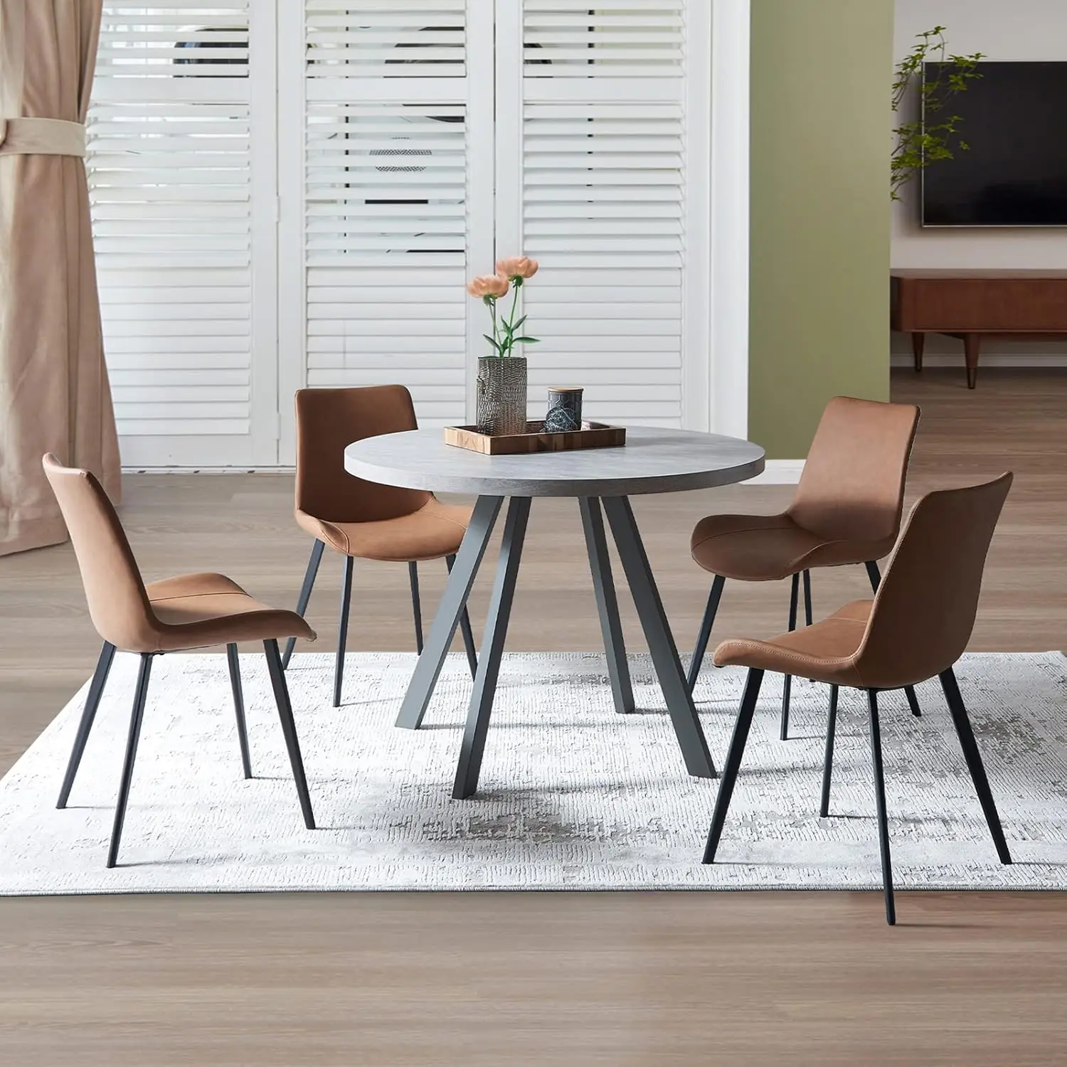 

Round Dining Table Set, Mid Century Modern Small Round Dining Table Set, Saving Space (Table + 4 Brown Chairs)