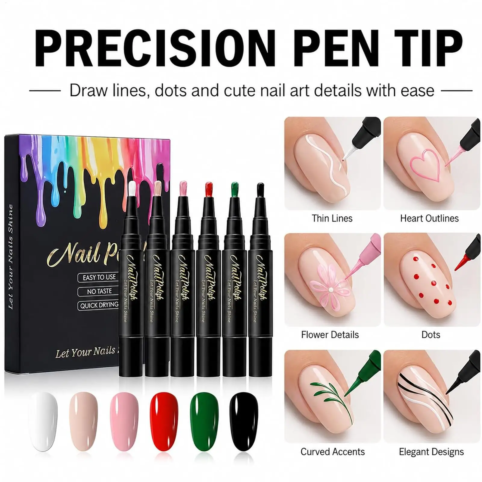 6pcs Quick-drying Nail Arts Pens Water-baseds Nail Polishs Pen Fingernail Art Tools No UV Lamp Needed Nail Pen Nail Marker Kit