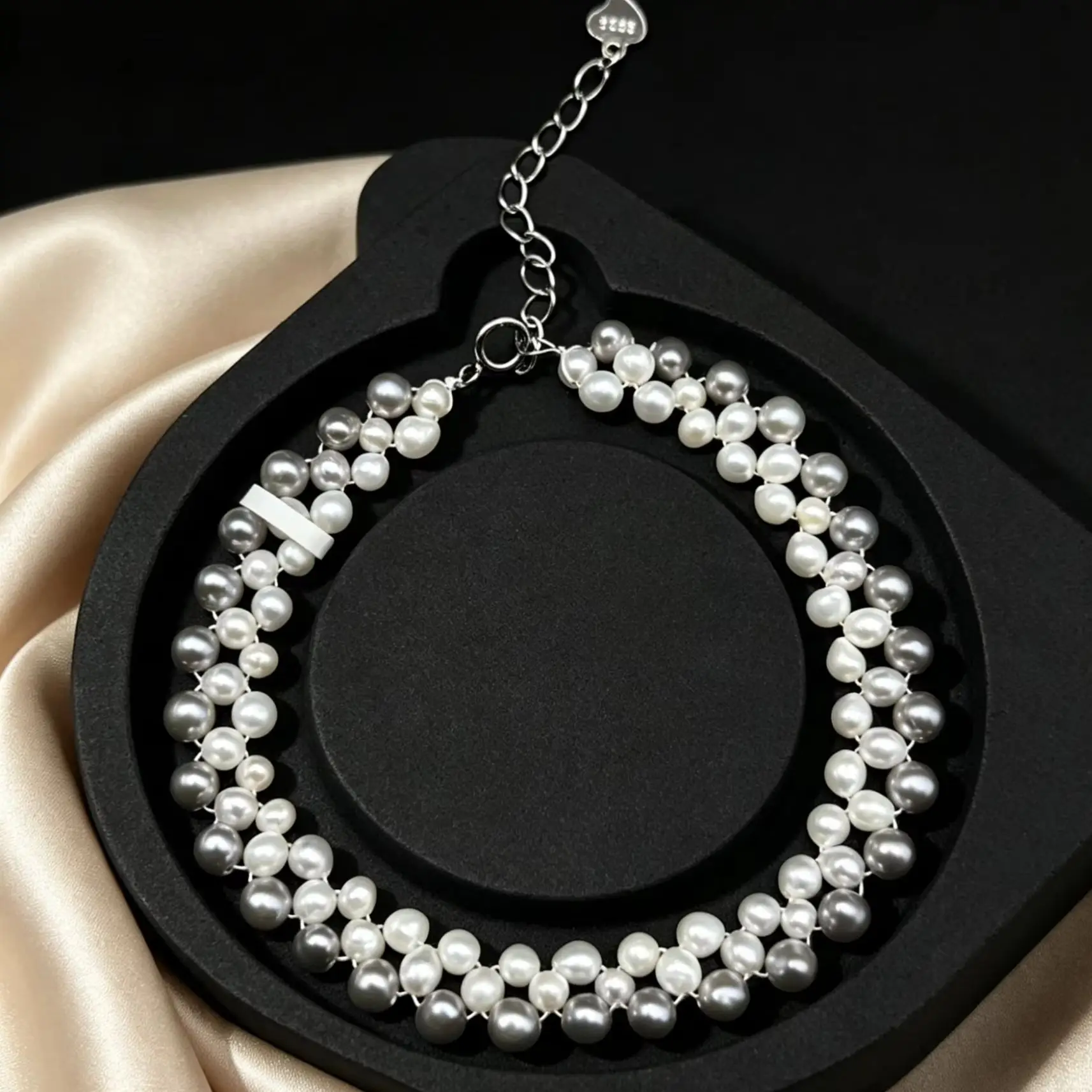 Freshwater Grey & White Pearl Bracelet with Woven Design, Adjustable