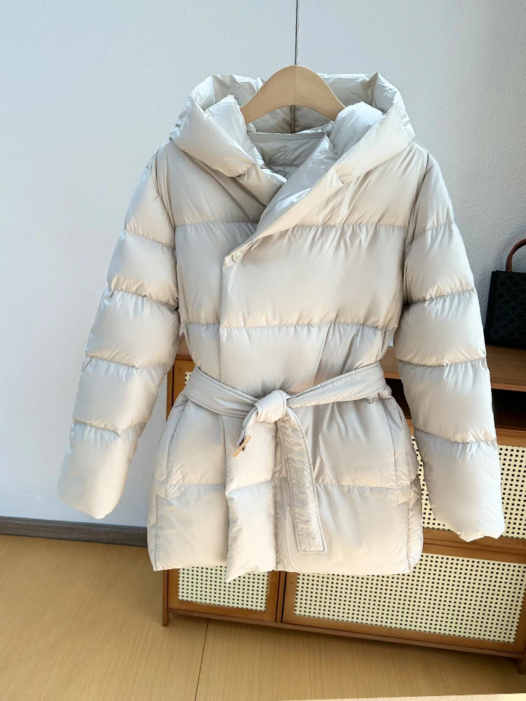 Fashion Hooded Down Jackets Women 90 White Duck Down Soft Thicken Slim Coats Solid Color Simple Warm Female Snowwear