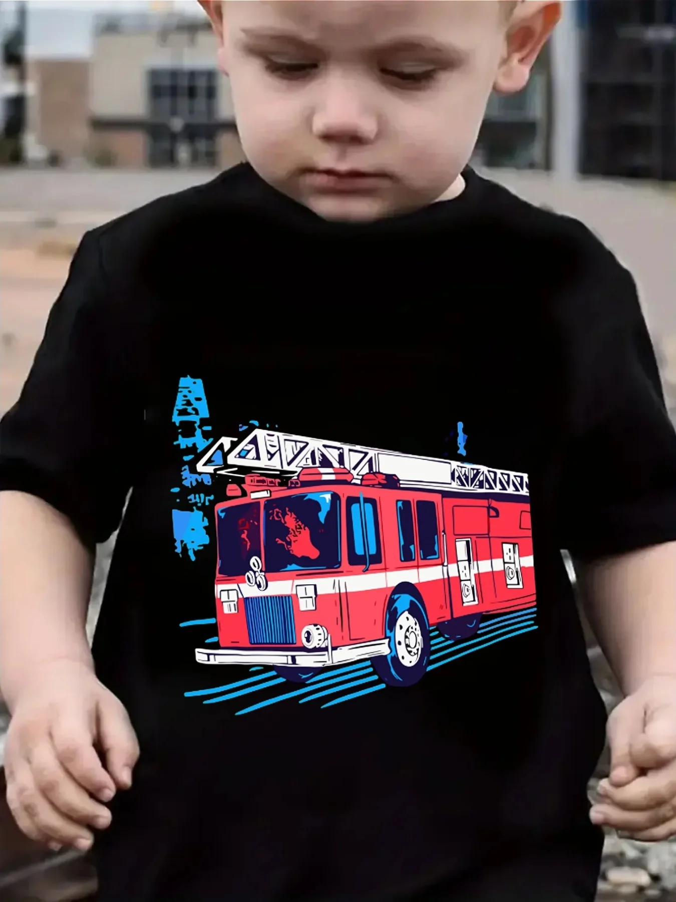 Red Fire Truck Cartoon Vehicle Art Graphic Print Family Matching Short Sleeve Tee Boys Girls Kids Casual Party Daily Tops