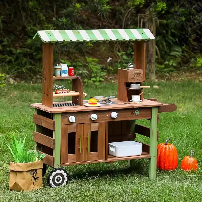 Outdoor Wooden Kitchen for Kids Mud Kitchen Wooden Toy Play Set with Coffee Maker Hot Dog Roller Beverages and Accessories