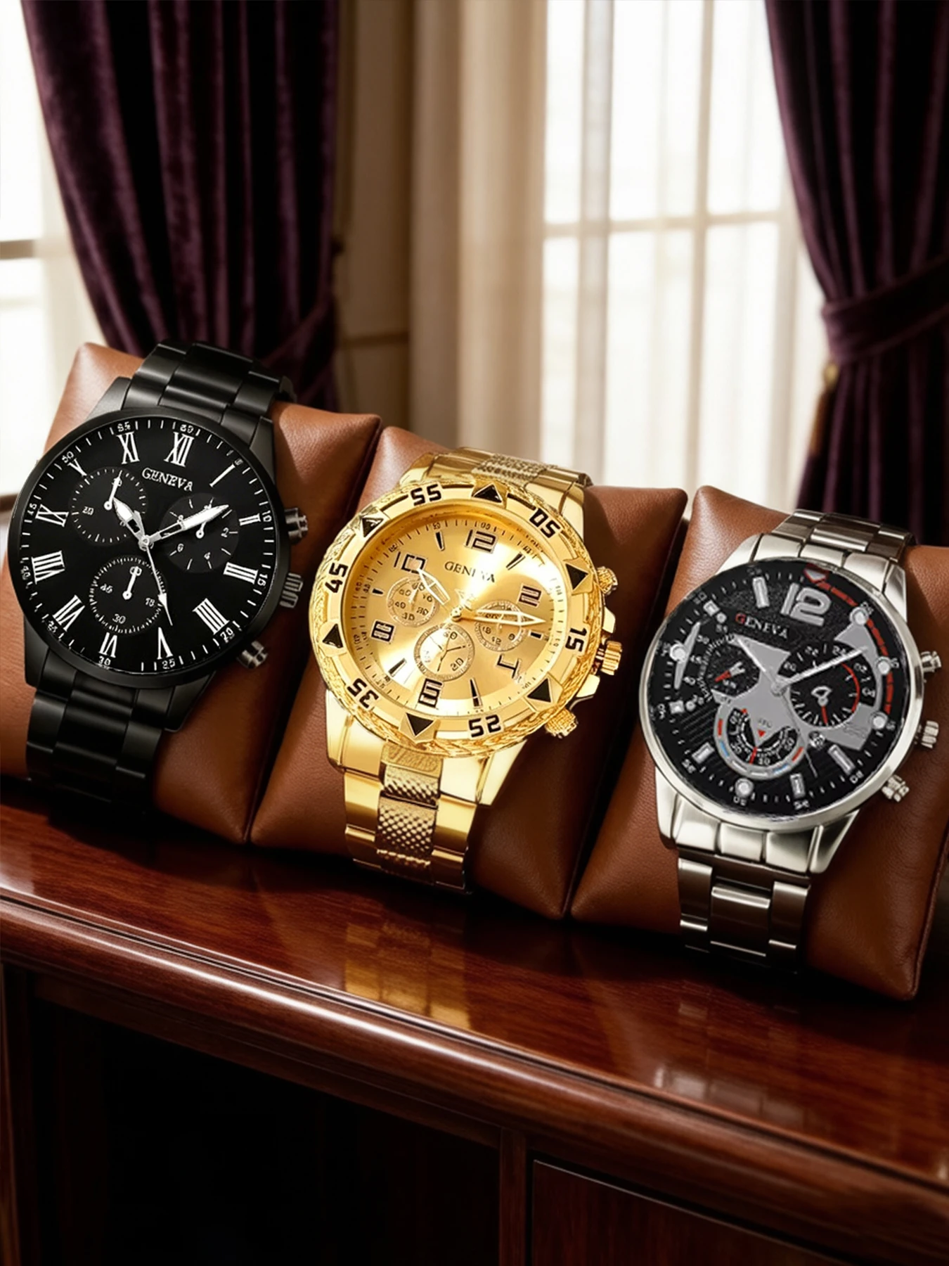 3Pcs/1pcs  Mens Geneva Metal Band Watch Set Fake Chronograph Quartz Wristwatch Gift, No Box