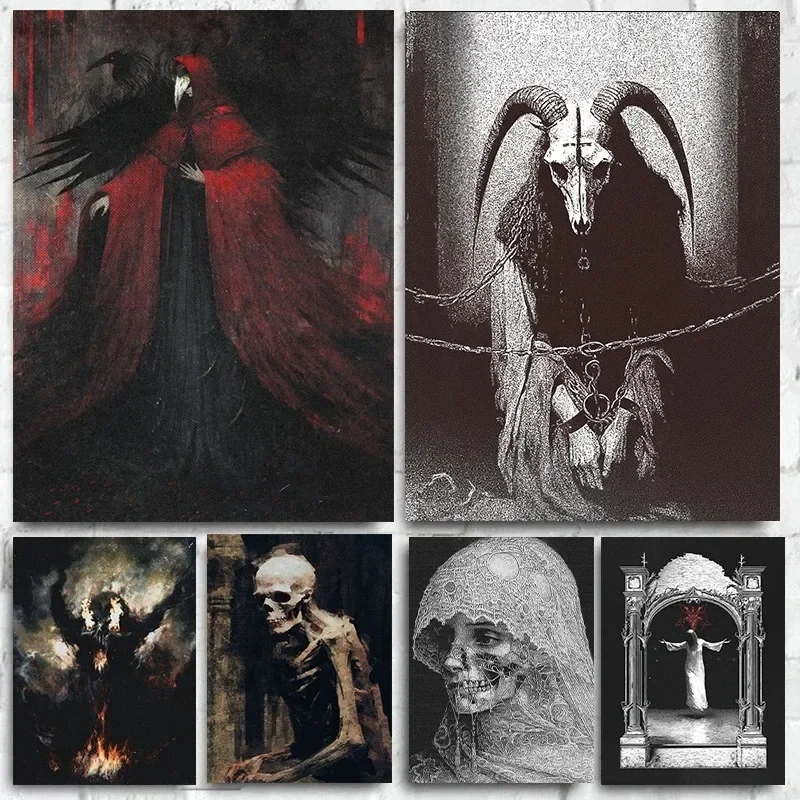 Canvas Painting Wall Art Picture Black White Skull Demon Figure Posters and Prints Demon Goat In Chains Crows Living Room Dec