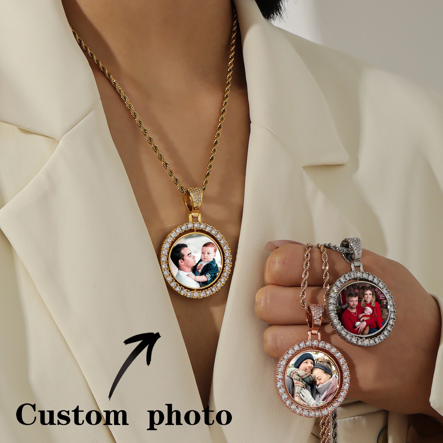 

Personalized Two Photos Necklace Customized Rotatable Round Memory Pictures Pendant Twist Chain Hip Hop Jewelry for Men Women