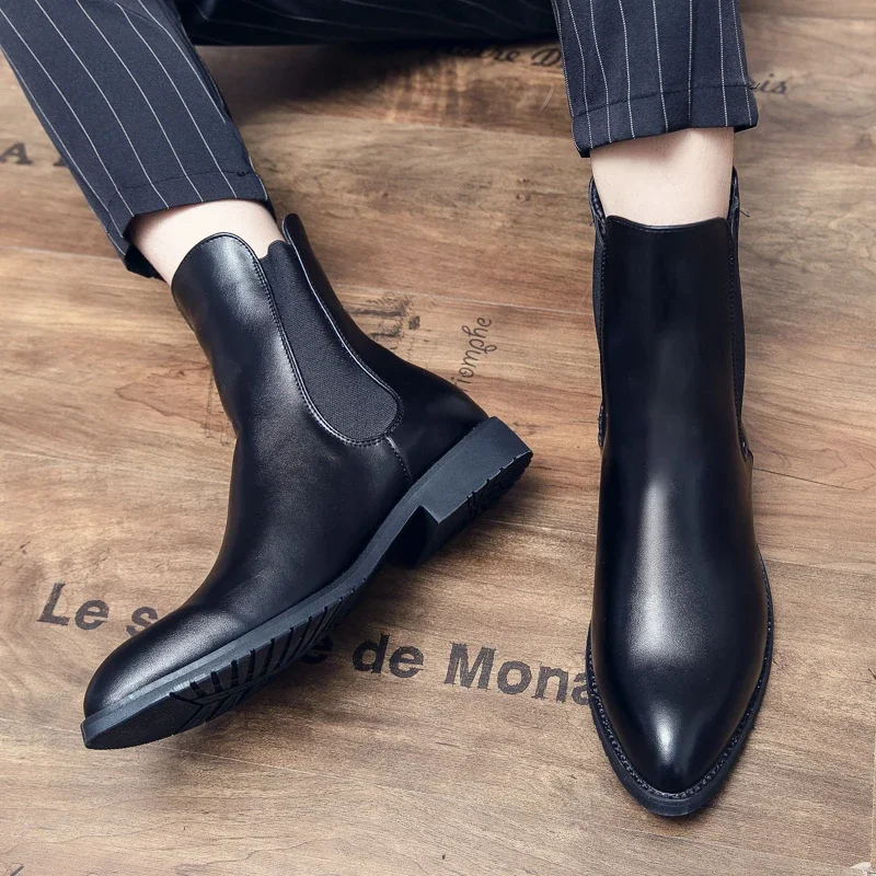 Black Chelsea Boots Business Men Ankle Boots Slip-On Round Toe Vintage Boots Size 38-48 Botas De Trabajo Hombre